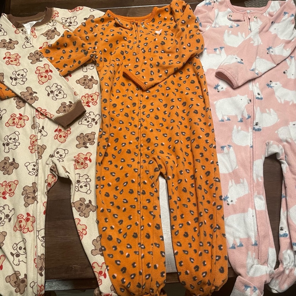 3 pack fleece footie pajamas size 3T with animal prints